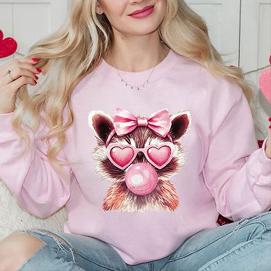 Valentine Raccoon With Bubblegum - Women's Graphic Sweatshirt
