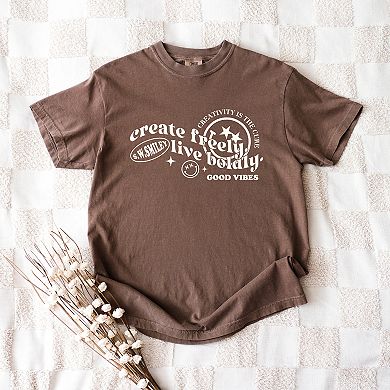 S.W.Smiley Create Freely Live Boldly - Women's Garment Dyed Graphic T-Shirt