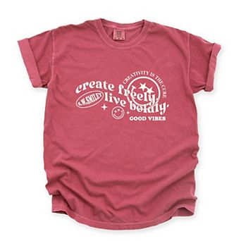 S.W.Smiley Create Freely Live Boldly - Women's Garment Dyed Graphic T-Shirt