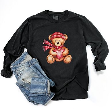 Valentine Teddy Bear Beanie - Women's Garment Dyed Long Sleeve Graphic T-Shirt