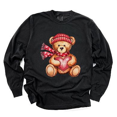 Valentine Teddy Bear Beanie - Women's Garment Dyed Long Sleeve Graphic T-Shirt