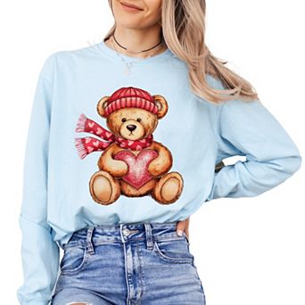 Valentine Teddy Bear Beanie - Women's Garment Dyed Long Sleeve Graphic T-Shirt