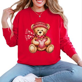 Valentine Teddy Bear Beanie - Women's Garment Dyed Long Sleeve Graphic T-Shirt