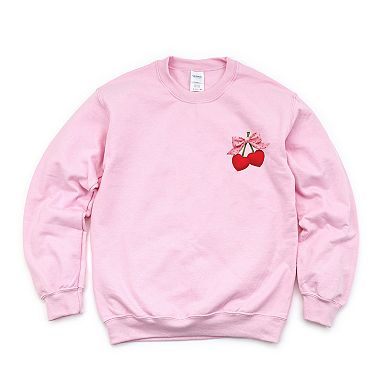 Cherry Hearts Pink Bow Patchwork Print - Women's Graphic Sweatshirt