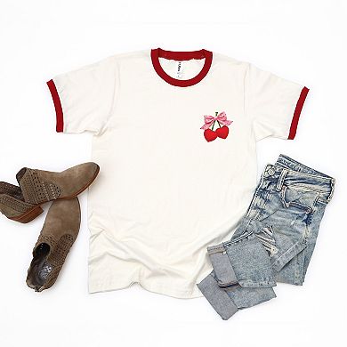 Cherry Hearts Pink Bow Patchwork Print - Women's Ringer Graphic T-Shirt