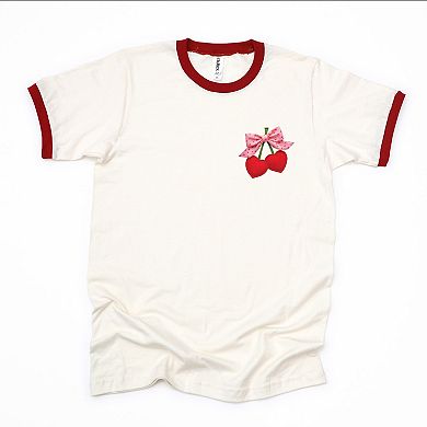 Cherry Hearts Pink Bow Patchwork Print - Women's Ringer Graphic T-Shirt