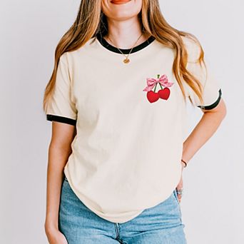 Cherry Hearts Pink Bow Patchwork Print - Women's Ringer Graphic T-Shirt