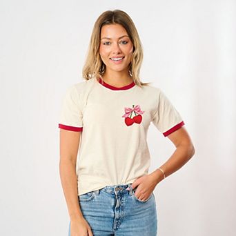 Cherry Hearts Pink Bow Patchwork Print - Women's Ringer Graphic T-Shirt