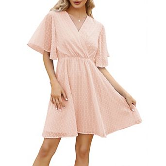 Women's Summer Swiss Dot Ruffle Short Sleeve Mini Dress Wrap V Neck Casual Swing Short Dress