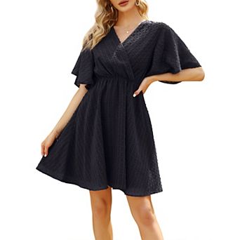 Women's Summer Swiss Dot Ruffle Short Sleeve Mini Dress Wrap V Neck Casual Swing Short Dress