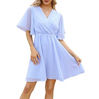 Women's Summer Swiss Dot Ruffle Short Sleeve Mini Dress Wrap V Neck Casual Swing Short Dress