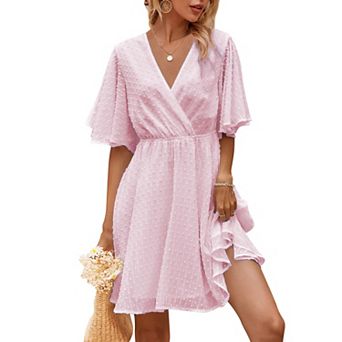 Women's Summer Swiss Dot Ruffle Short Sleeve Mini Dress Wrap V Neck Casual Swing Short Dress