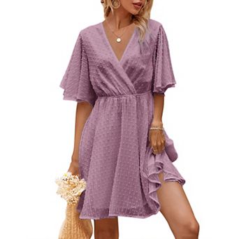 Women's Summer Swiss Dot Ruffle Short Sleeve Mini Dress Wrap V Neck Casual Swing Short Dress