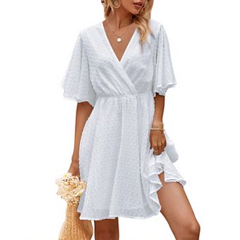 Women's Summer Swiss Dot Ruffle Short Sleeve Mini Dress Wrap V Neck Casual Swing Short Dress