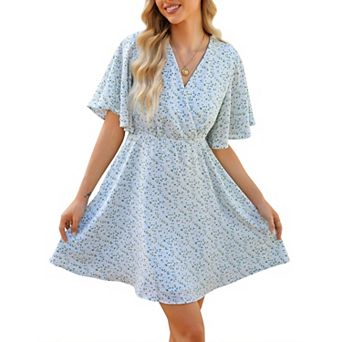 Women's Summer Swiss Dot Ruffle Short Sleeve Mini Dress Wrap V Neck Casual Swing Short Dress