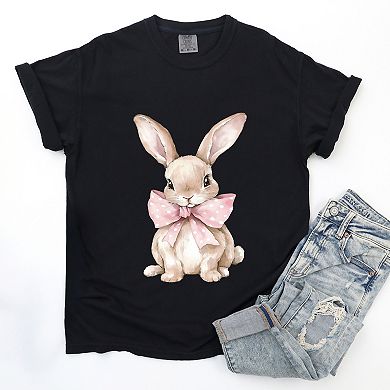 Bunny Watercolor With Bow - Women's Garment Dyed Graphic T-Shirt