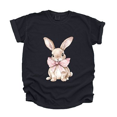 Bunny Watercolor With Bow - Women's Garment Dyed Graphic T-Shirt