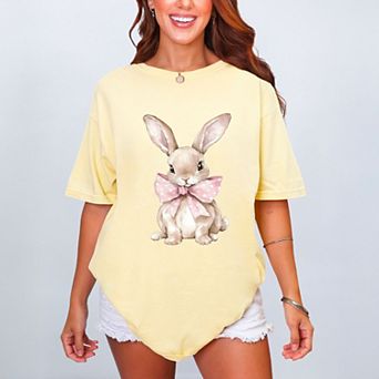 Bunny Watercolor With Bow - Women's Garment Dyed Graphic T-Shirt