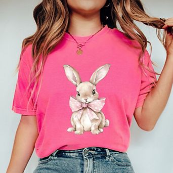 Bunny Watercolor With Bow - Women's Garment Dyed Graphic T-Shirt