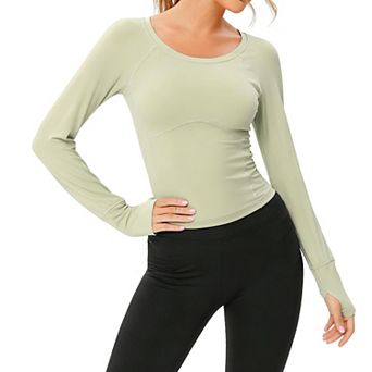 Women's Workout Long Sleeve Crop Tops Lightweight Round Neck Yoga Athletic Running Shirts
