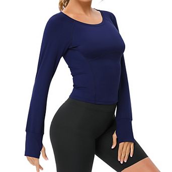 Women's Workout Long Sleeve Crop Tops Lightweight Round Neck Yoga Athletic Running Shirts