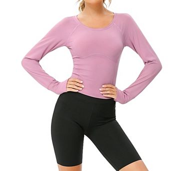 Women's Workout Long Sleeve Crop Tops Lightweight Round Neck Yoga Athletic Running Shirts