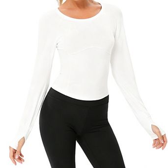 Women's Workout Long Sleeve Crop Tops Lightweight Round Neck Yoga Athletic Running Shirts