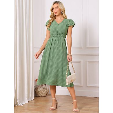 Women's Summer Dresses Ruffle Short Sleeve V Neck Button Flowy A-Line Midi Dress with Pockets