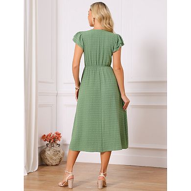 Women's Summer Dresses Ruffle Short Sleeve V Neck Button Flowy A-Line Midi Dress with Pockets