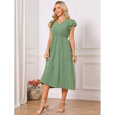 Women's Summer Dresses Ruffle Short Sleeve V Neck Button Flowy A-Line Midi Dress with Pockets
