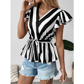 Women Striped Wrap Blouse Ruffle Sleeves Adjustable Belted Waist V-Neck Top
