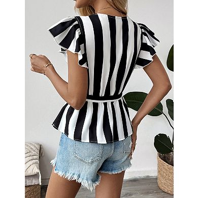 Women Striped Wrap Blouse Ruffle Sleeves Adjustable Belted Waist V-Neck Top