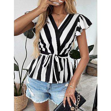 Women Striped Wrap Blouse Ruffle Sleeves Adjustable Belted Waist V-Neck Top