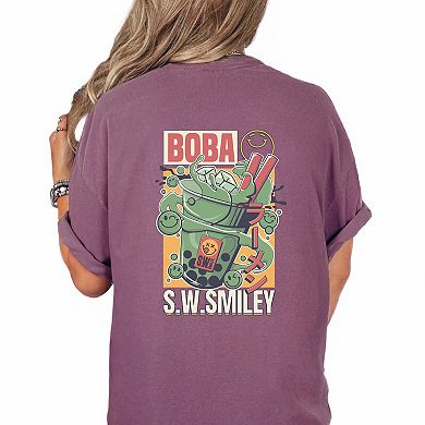 S.W.Smiley Boba - Women's Garment Dyed Graphic T-Shirt