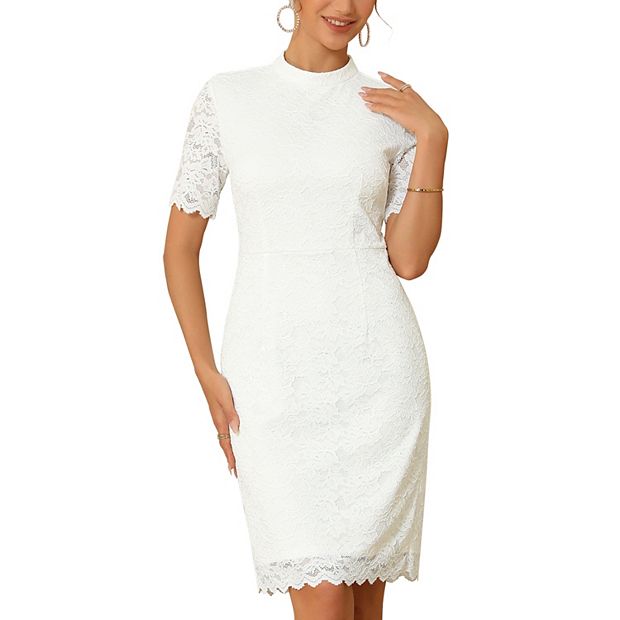 Women's Lace Sheath Dress Formal Mock Neck Short Sleeves Wedding Evening  Dresses