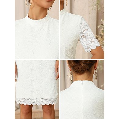 Women's Lace Sheath Dress Formal Mock Neck Short Sleeves Wedding Evening Dresses