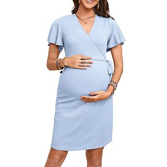 Women's short-sleeved casual maternity dress with ribbed knit V-neck and belt