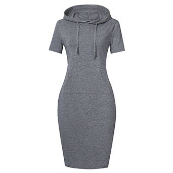 Women's Summer Short Sleeve Hooded Drawstring Sweatshirt Midi Dress Casual Pocket Short Dress