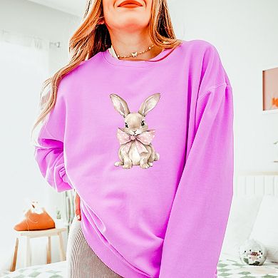 Bunny Watercolor With Bow - Women's Lightweight Garment Dyed Sweatshirt