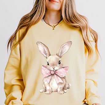Bunny Watercolor With Bow - Women's Lightweight Garment Dyed Sweatshirt