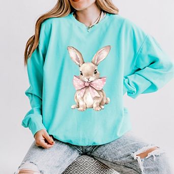 Bunny Watercolor With Bow - Women's Lightweight Garment Dyed Sweatshirt