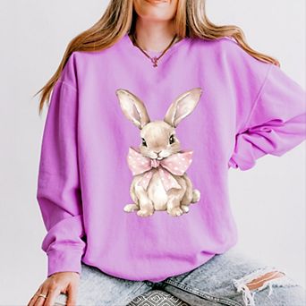 Bunny Watercolor With Bow - Women's Lightweight Garment Dyed Sweatshirt