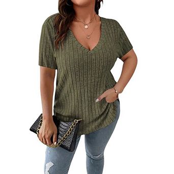 Women's Plus Size V Neck Casual Tops Solid Color Shirts Lightweight Short Sleeve Blouses