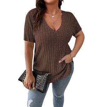 Women's Plus Size V Neck Casual Tops Solid Color Shirts Lightweight Short Sleeve Blouses