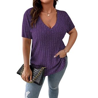 Women's Plus Size V Neck Casual Tops Solid Color Shirts Lightweight Short Sleeve Blouses