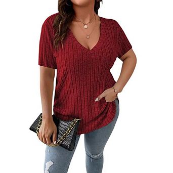 Women's Plus Size V Neck Casual Tops Solid Color Shirts Lightweight Short Sleeve Blouses