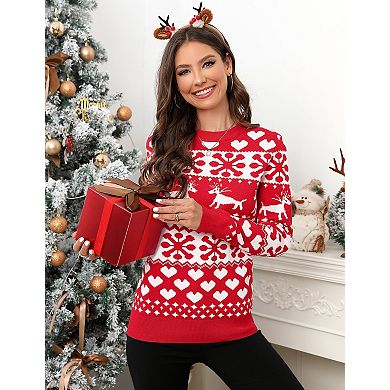 Women's Christmas Snowflake Sweater Knit Pullover Long Sleeve Crewneck Blouse