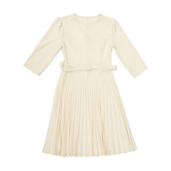 Women's Pleated Dress 3/4 Sleeve V Neck Belted Elegant Work A-Line Dresses