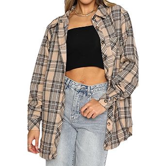 Womens Button Down Flannel Shirts Long Sleeve Plaid Shackets