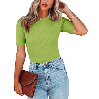 Women's Sweater Knit Top Short Sleeve Slim Fit T-Shirt Tummy Control Waist Casual Blouses